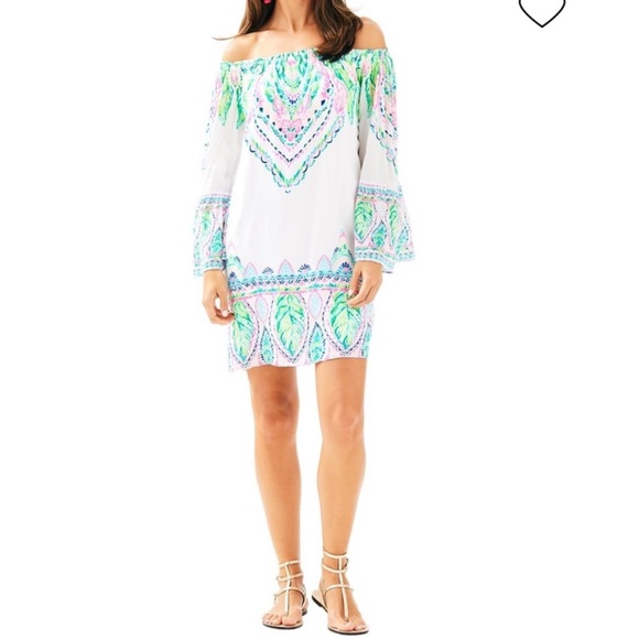 Lilly Pulitzer Nevie Off The Shoulder Dress Coconut Coast Engineered Sz XS NWOT - Picture 2 of 8